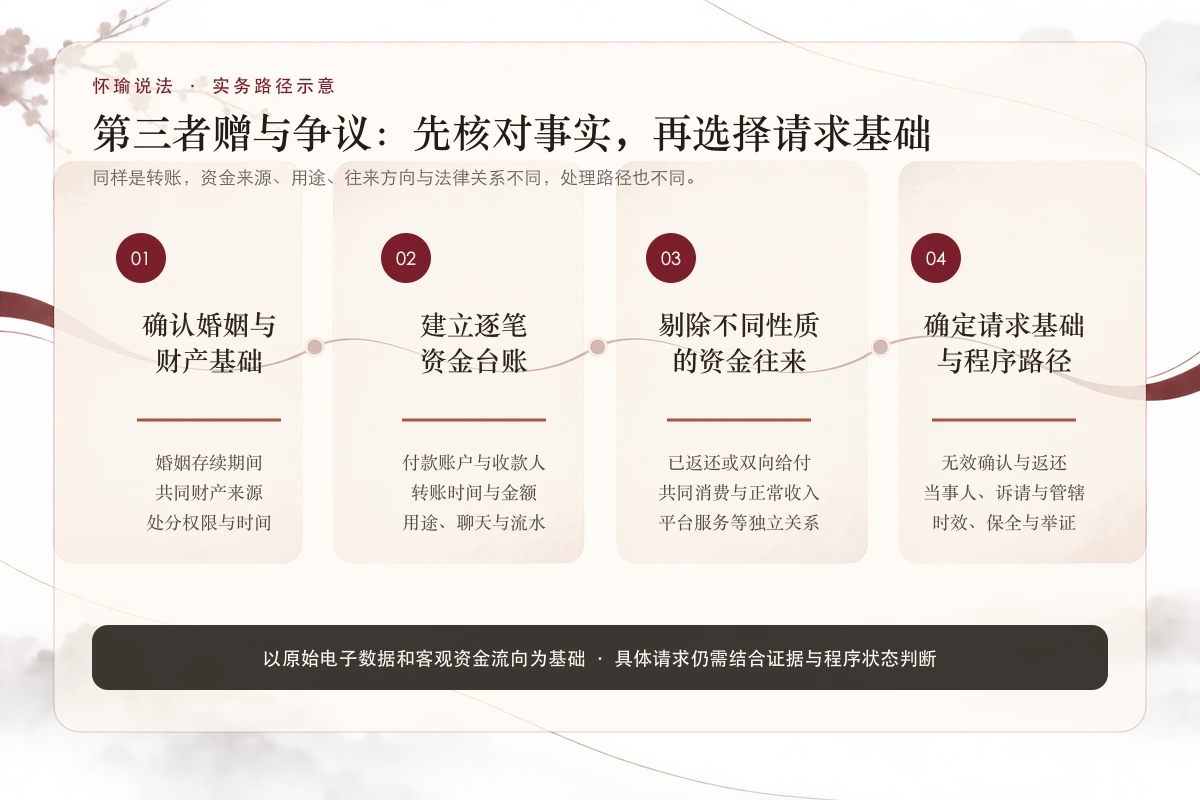 第三者赠与争议事实核对与请求基础信息示意图